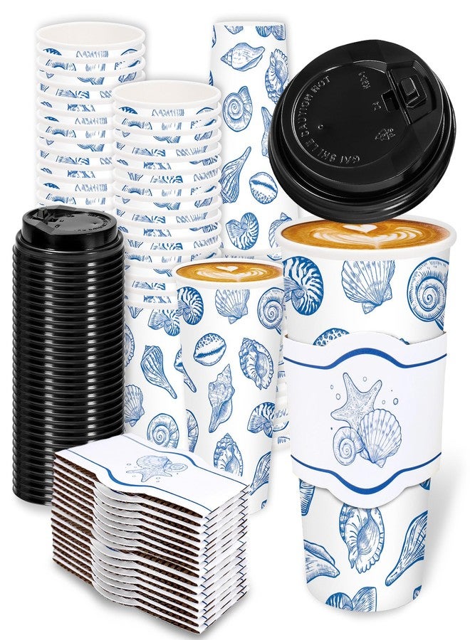 FYSUIMU 50 Set Blue Ocean Disposable Coffee Cups with Lids and Sleeves Seashell Starfish Paper Drinking Cups for Summer Beach Birthday Baby Shower Party Supplies, 16 Oz - Image 1