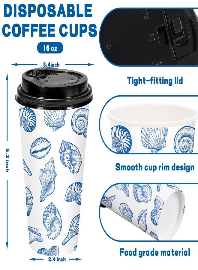 FYSUIMU 50 Set Blue Ocean Disposable Coffee Cups with Lids and Sleeves Seashell Starfish Paper Drinking Cups for Summer Beach Birthday Baby Shower Party Supplies, 16 Oz - Image 2