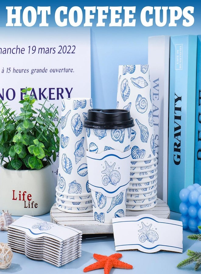 FYSUIMU 50 Set Blue Ocean Disposable Coffee Cups with Lids and Sleeves Seashell Starfish Paper Drinking Cups for Summer Beach Birthday Baby Shower Party Supplies, 16 Oz - Image 3