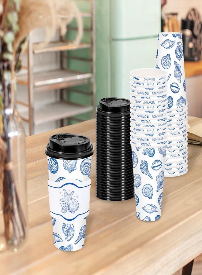 FYSUIMU 50 Set Blue Ocean Disposable Coffee Cups with Lids and Sleeves Seashell Starfish Paper Drinking Cups for Summer Beach Birthday Baby Shower Party Supplies, 16 Oz - Image 5