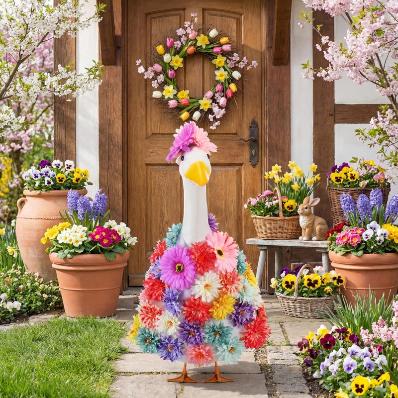 Abbylike 1 Set Spring Flower Porch Goose Outfits Colorful Spring Yard Goose Outfits Costume Clothes Fits Large 23'' Cement for Garden Yard Statue Pathway Decorations - Image 2