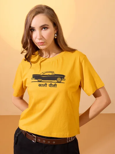 globus Women Yellow Round Neck Short Sleeves Graphic Print Oversized Crop T-Shirt