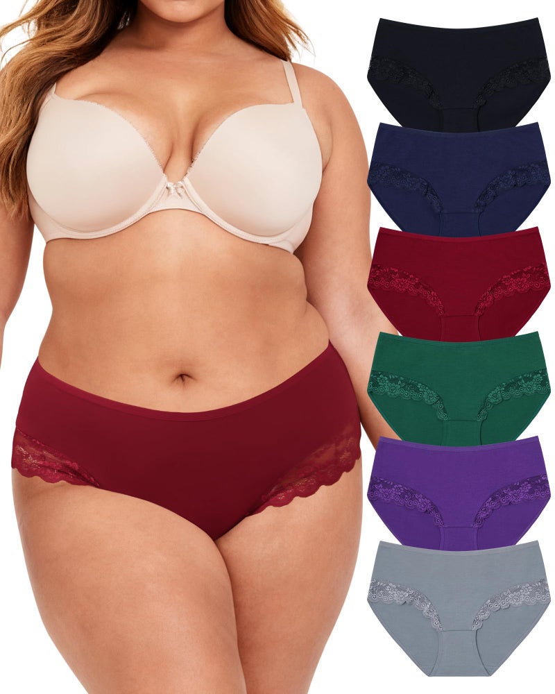 LEVAO Plus Size L-4XL Womens Underwear Cotton Cheeky Bikini Lace Hipster Panty Stretch Full Briefs 6 Pack - Image 1