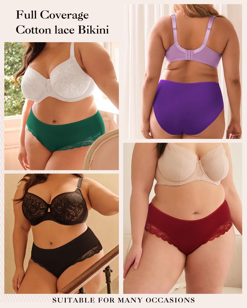 LEVAO Plus Size L-4XL Womens Underwear Cotton Cheeky Bikini Lace Hipster Panty Stretch Full Briefs 6 Pack - Image 5