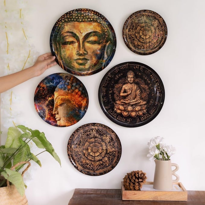 NIRVANA WALL PLATES FOR HOME DECORATION WALL DECOR ITEMS FOR LIVING ROOM METAL WALL DCOR GIFT ITEMS FOR WOMEN AND MEN HOME DCOR GIFT ITEMS SET OF 5 PLATES