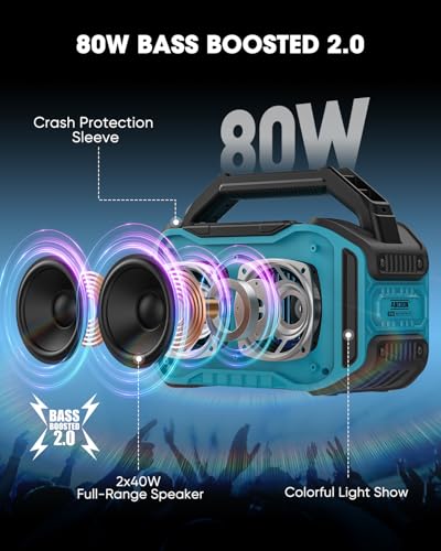 ANCOON Speakers Bluetooth Wireless 80WPeak Loud Speaker with Bass 20H Playtime IPX6 Waterproof Large Jobsite Speakers for Work Outdoor Workshop Garage Portable Speaker with TWS Sky Blue - Image 3