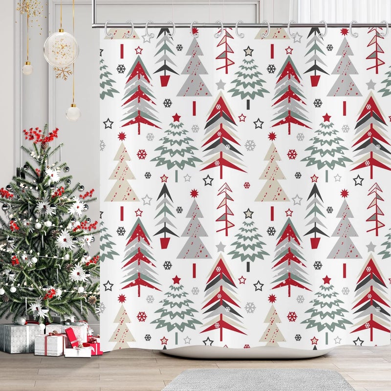 GCIREC Merry Christmas Shower Curtain Christmas Tree Red Stars Snow Snowflake New Year Winter Bathroom Curtain Waterproof Fabric Washable 12 Hooks