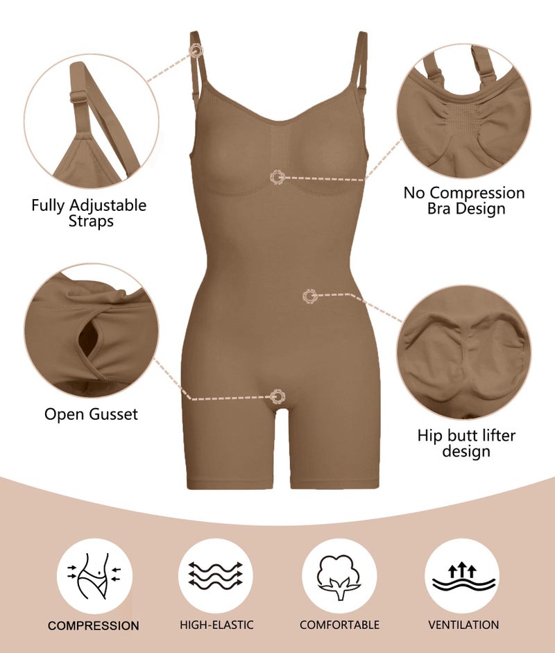 SHAPERX شورت شابيركس لتشكيل الجسم للنساء مع تحكم في البطن، بدلة متوسطة الفخذ لرفع المؤخرة، SZ5218-بني-2XL/3XL - Image 5