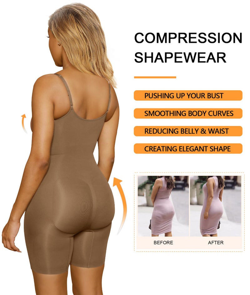 SHAPERX شورت شابيركس لتشكيل الجسم للنساء مع تحكم في البطن، بدلة متوسطة الفخذ لرفع المؤخرة، SZ5218-بني-2XL/3XL - Image 4