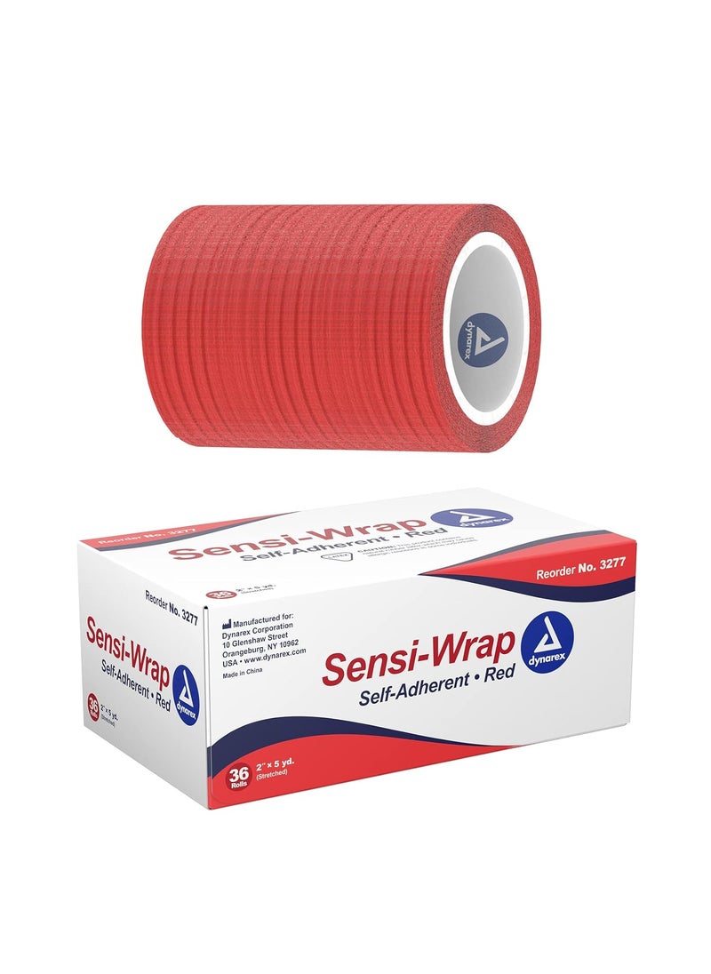 Dynarex Dynarex 3277 Sensi-Wrap Self-Adherent Bandage Roll, Red, 2" x 5 Yard Size, 180" Length, 2" Width, Pack of 36 