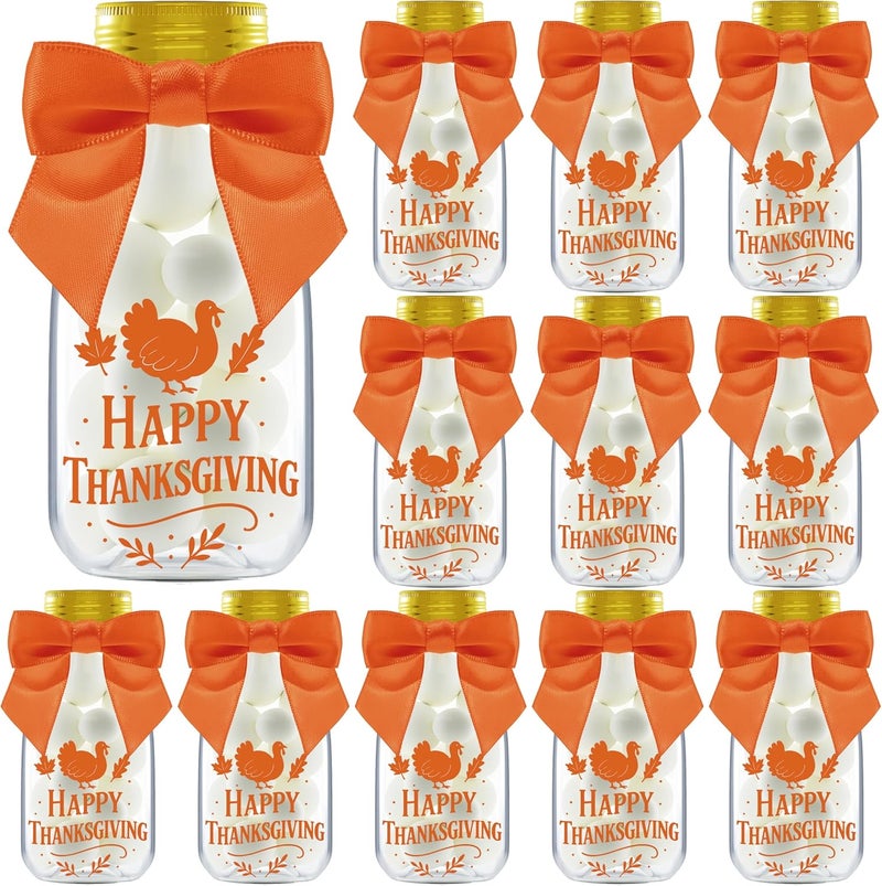 Ethisa 12 Pack Thanksgiving Candy Jars with Ribbons & Stickers – Mini Favor Bottles for Kids – DIY Candy Containers for Classroom, Fall Parties, Baby Showers, and Holiday Table Decorations - Image 1