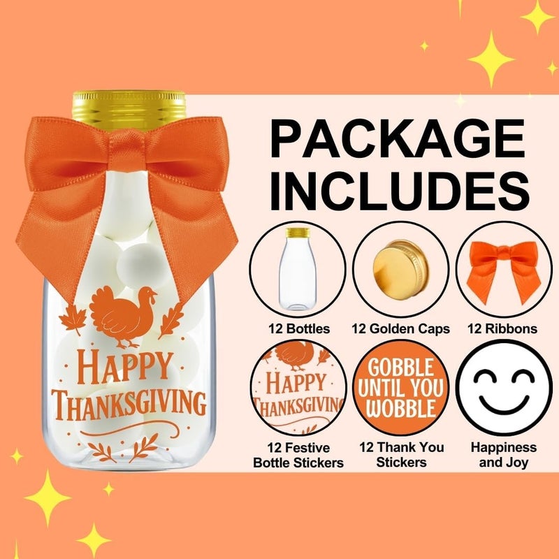 Ethisa 12 Pack Thanksgiving Candy Jars with Ribbons & Stickers – Mini Favor Bottles for Kids – DIY Candy Containers for Classroom, Fall Parties, Baby Showers, and Holiday Table Decorations - Image 2