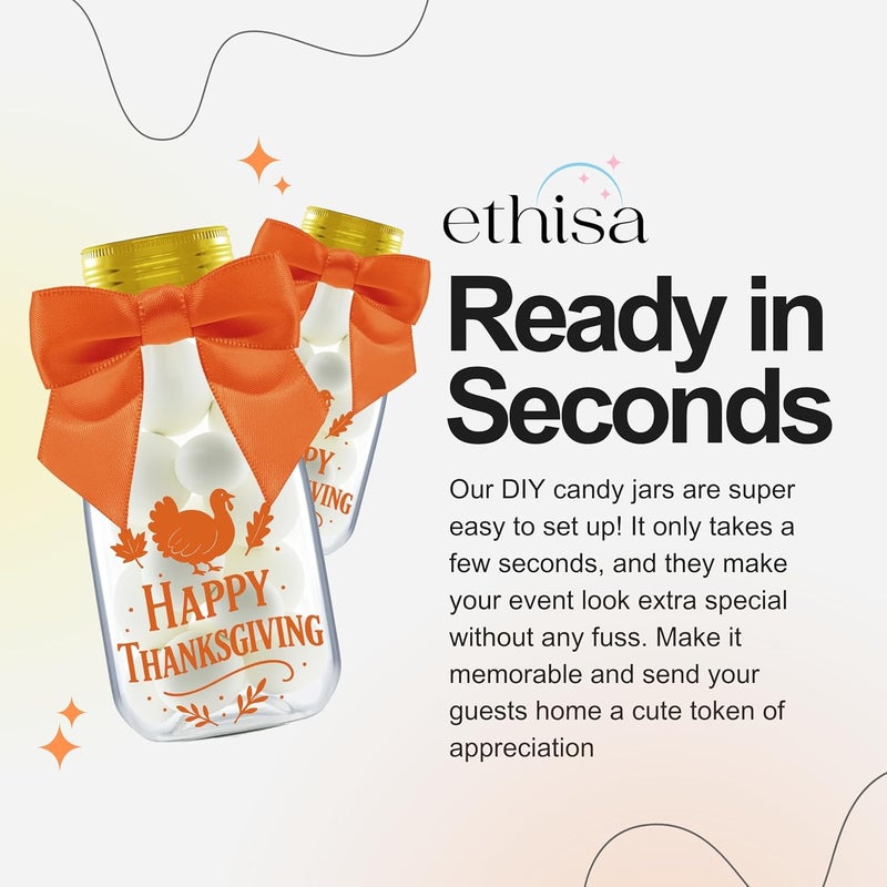 Ethisa 12 Pack Thanksgiving Candy Jars with Ribbons & Stickers – Mini Favor Bottles for Kids – DIY Candy Containers for Classroom, Fall Parties, Baby Showers, and Holiday Table Decorations - Image 5