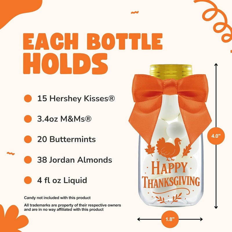 Ethisa 12 Pack Thanksgiving Candy Jars with Ribbons & Stickers – Mini Favor Bottles for Kids – DIY Candy Containers for Classroom, Fall Parties, Baby Showers, and Holiday Table Decorations - Image 3