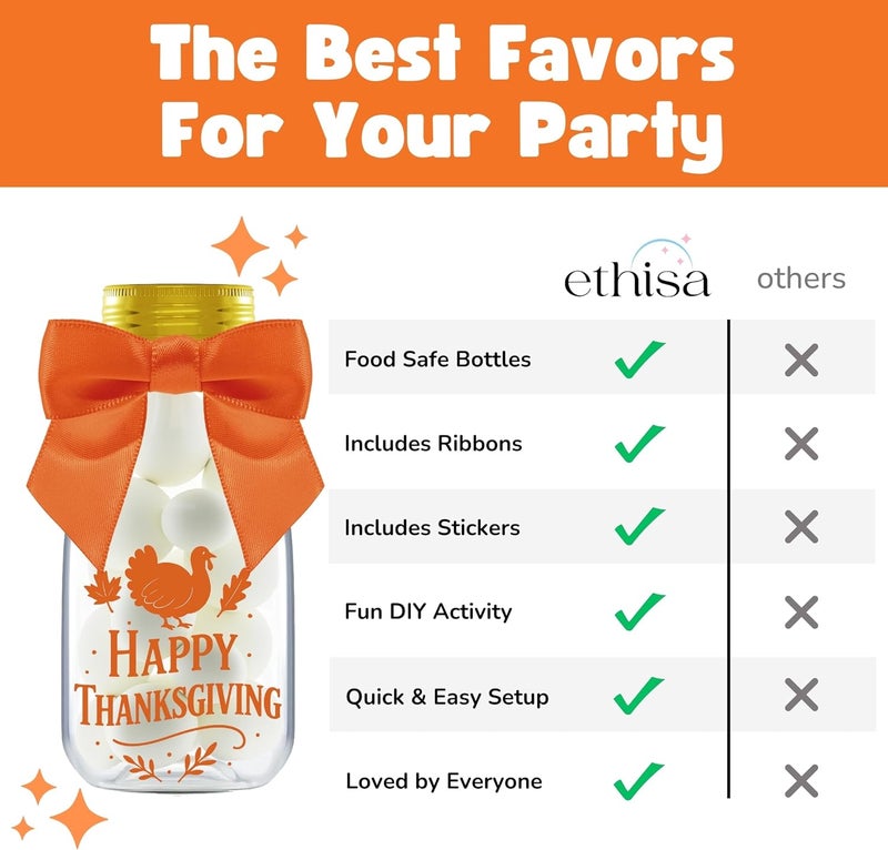 Ethisa 12 Pack Thanksgiving Candy Jars with Ribbons & Stickers – Mini Favor Bottles for Kids – DIY Candy Containers for Classroom, Fall Parties, Baby Showers, and Holiday Table Decorations - Image 4
