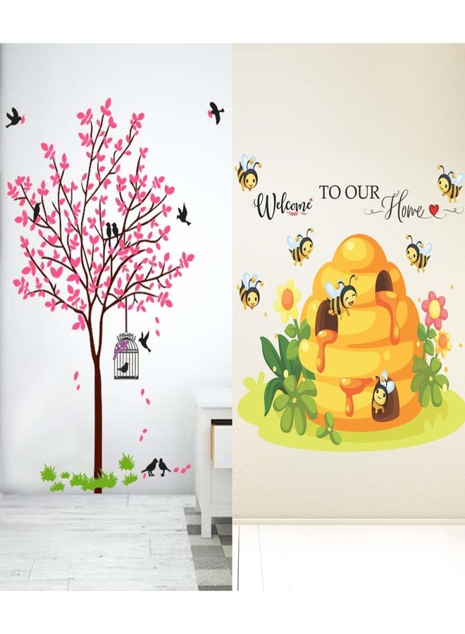 WALLBOOK Set of 2 Wall Stickers Pink Tree with Bird and Nest | Welcome Honey Bee for Home, Hall, Bedroom, Livingroom & Kitchen - Image 1