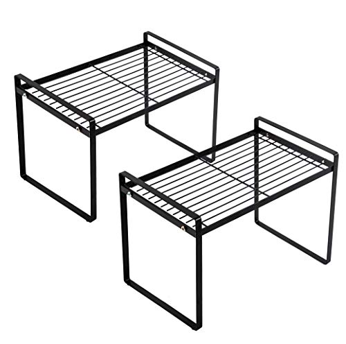 Shantton 2pk Kitchen Cabinet Shelf Counter Organizer Rack Pantry Storage Bathroom Bedroom Office Table Desk Space Saving Steel Frame Stackable Rust Resistant Non Slip BlackTallL13in W83in H95in