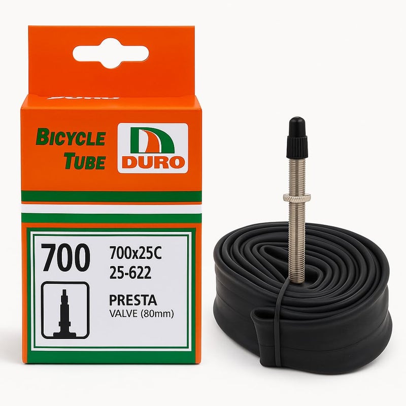 DURO 28 Inch (700x25C) Presta Valve 80mm Bicycle Inner Tube – Heavy Duty Premium Butyl Rubber Bike Tire Tube for Road Bikes, Wheelchairs, Scooters & Trolleys – Puncture Resistant & Durable - Image 1
