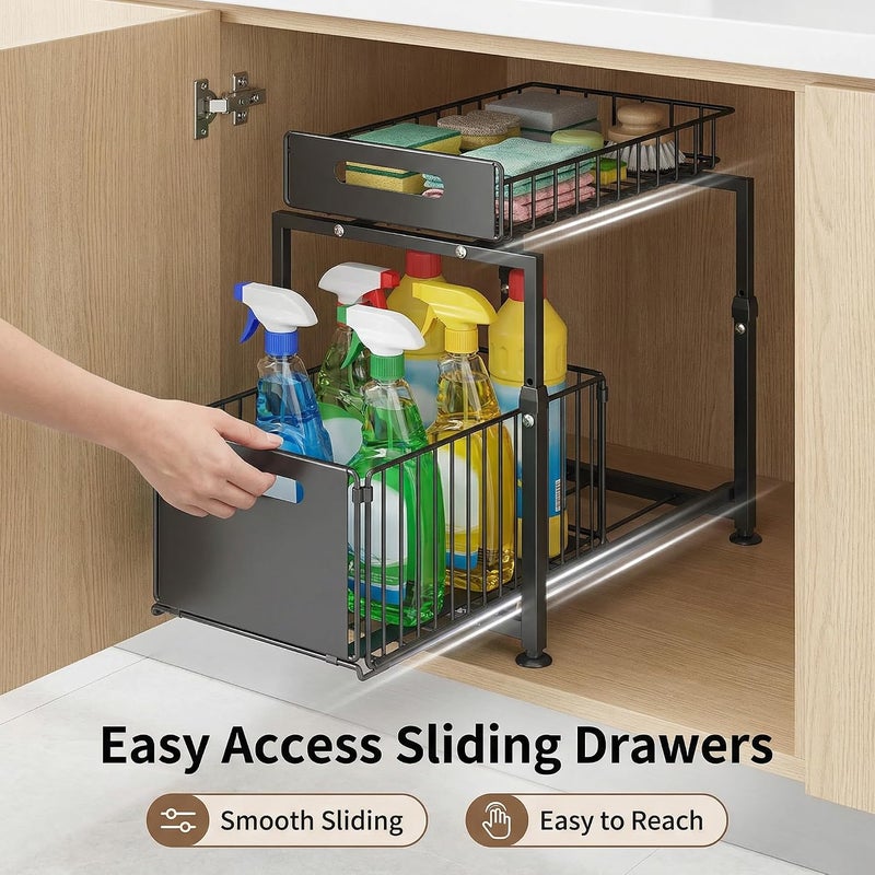 SALADAYS 2-Tier Pull-Out Metal Storage Rack for Kitchen Under Sink & Cabinets – Heavy-Duty Iron Organizer with Slide-Out Baskets, 41–49cm Adjustable Height, 29x37.5cm Base - Image 3