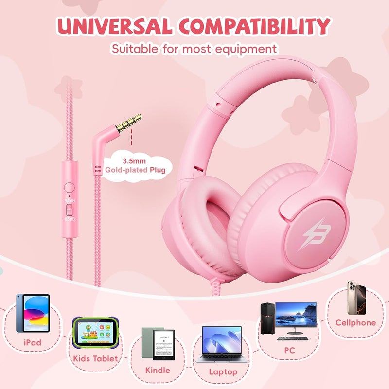 Botesty Sound Kids Headphones with Cord, 85/94dB Volume Limit, Wired Over-Ear Girls Headphones for Kids with Microphone Stereo Sound 3.5mm Plug Lightweight for Kindle Tablet School Airplane Travel, Pink - Image 2