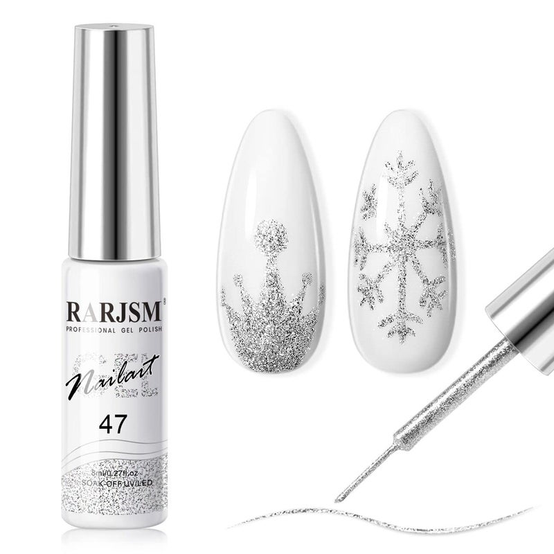 RARJSM Gel Liner Nail Art Silver Glitter Design Gel Nail Polish 1 Bottle 8ml Soak off UV LED Curing Requires Build in Thin Brush Striper GelPolish for Home Salon Diy Nail Manicure Painting Decoration - Image 3