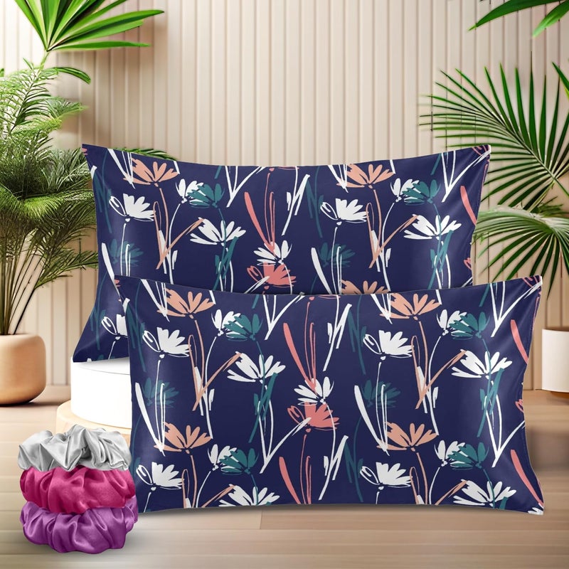 SITTELLA® Set of 2 Silk Pillow Cover and 3 Free Satin Silk Scrunchies with Envelope Closure End and Design, Soft Silk Pillow Case for Hair and Skin (Blue Flower) - Image 1
