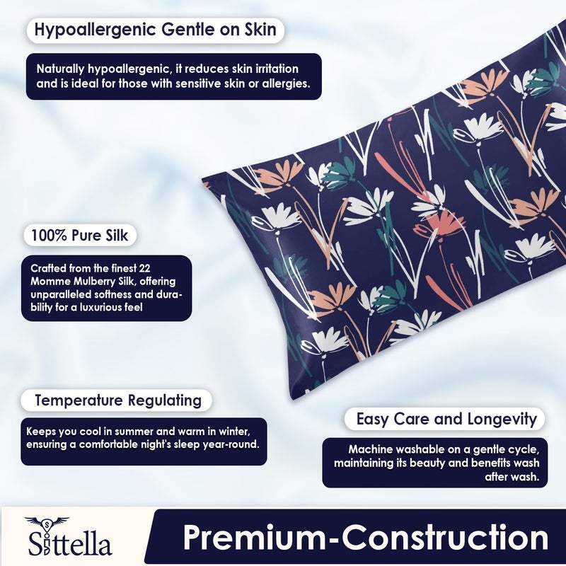 SITTELLA® Set of 2 Silk Pillow Cover and 3 Free Satin Silk Scrunchies with Envelope Closure End and Design, Soft Silk Pillow Case for Hair and Skin (Blue Flower) - Image 3