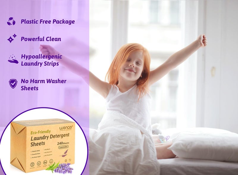Wenge مناديل مسحوق غسيل وينجي ( Laundry Detergent Sheets)، عدد 240 قطعة – صديقة للبيئة، مناسبة للسفر، خالية من البلاستيك، هيبوألرجينية، خالية من السوائل، مثالية للاستخدام في المنزل، السكن الجامعي، التخييم (رائحة اللافندر) - Image 2