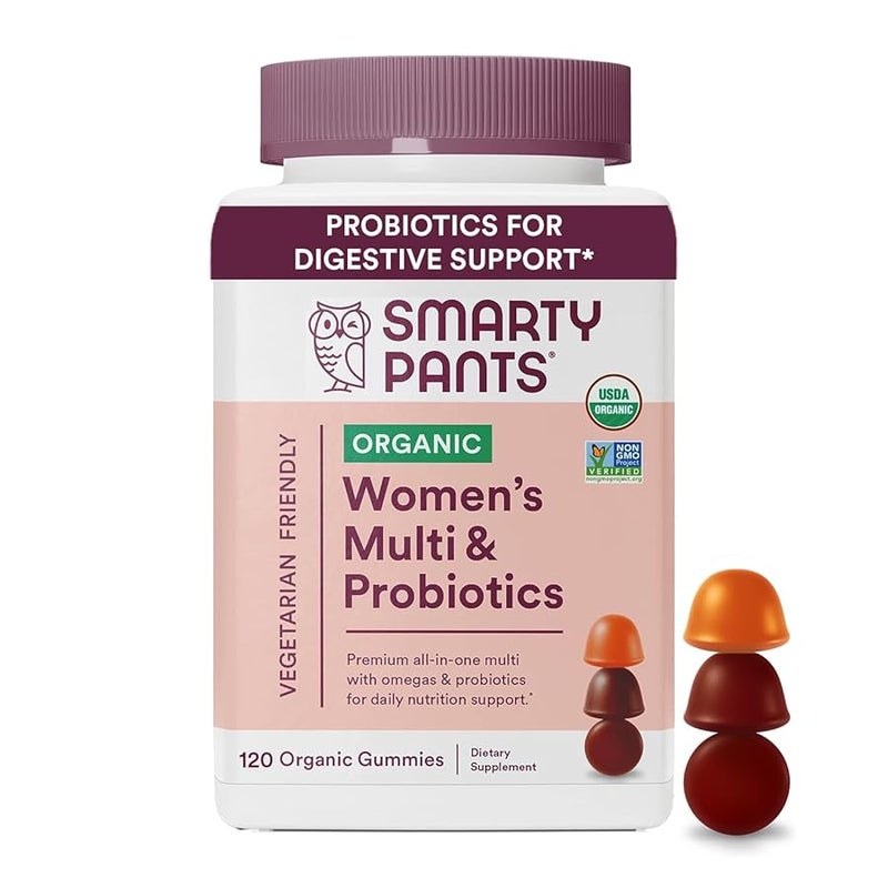 SmartyPants Organic Womens Multivitamin Gummies Biotin Probiotics Methylfolate Omega 3 ALA Vitamin D3 C Vitamin B12 B6 Vitamin A K  Zinc Gluten Free 120 Count 30 Day Supply