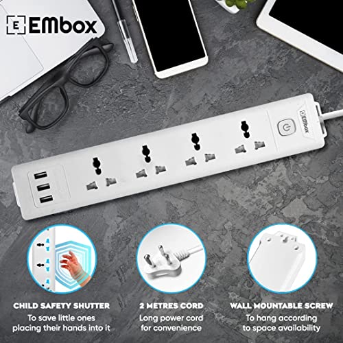 Embox Extension Board 5 Meter Cable with USB | Extension Board with Switches 4 Universal Sockets 6A Spike Guard | LED Indicator 2500W Extension Cord - Image 4