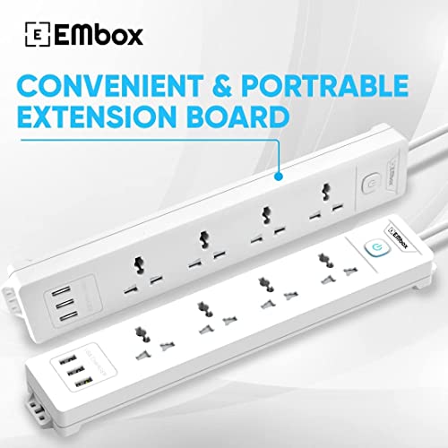 Embox Extension Board 5 Meter Cable with USB | Extension Board with Switches 4 Universal Sockets 6A Spike Guard | LED Indicator 2500W Extension Cord - Image 2