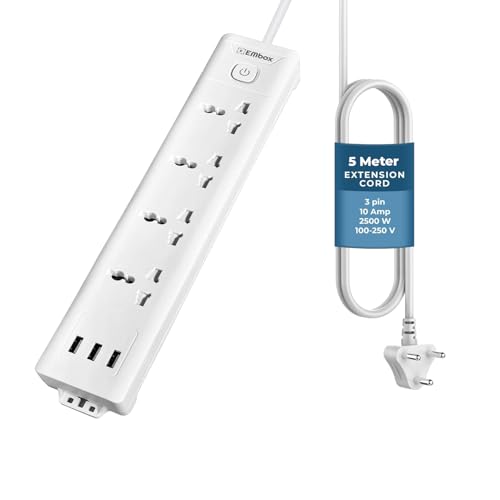 Embox Extension Board 5 Meter Cable with USB | Extension Board with Switches 4 Universal Sockets 6A Spike Guard | LED Indicator 2500W Extension Cord - Image 1