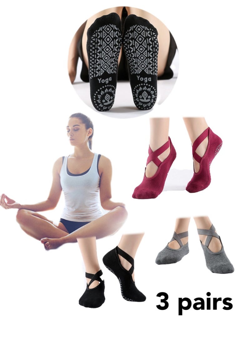 JoyousSto 3 Pairs Yoga Socks For Women，Non Slip Socks Pilates Socks For Yoga,Pilates， Ballet, Dance, Workout，Black/Grey/Red  - Image 1