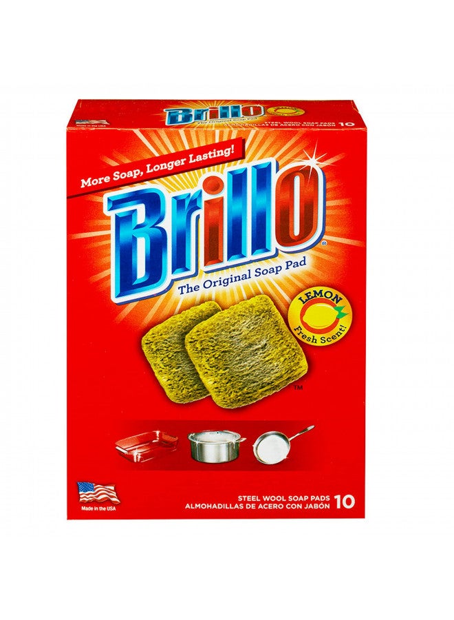 Brillo وسادات صابون الصوف الفولاذي بريللو، تدوم طويلاً، برائحة الليمون (ليمون، 10 قطع (عبوة من 1)) - Image 2