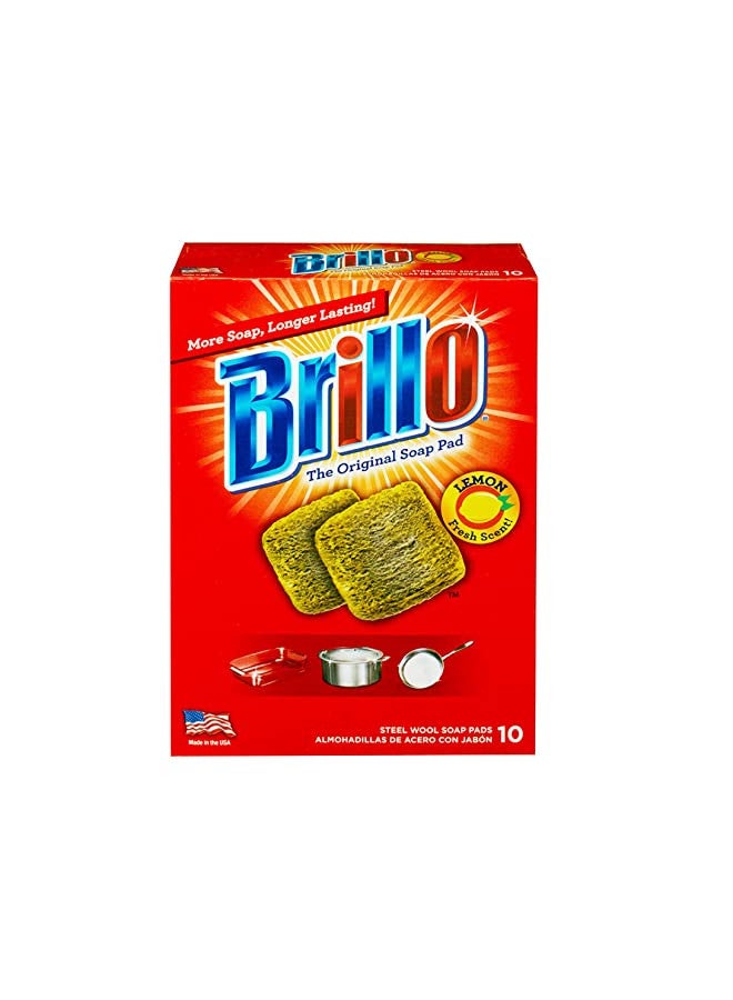 Brillo وسادات صابون الصوف الفولاذي بريللو، تدوم طويلاً، برائحة الليمون (ليمون، 10 قطع (عبوة من 1)) - Image 1
