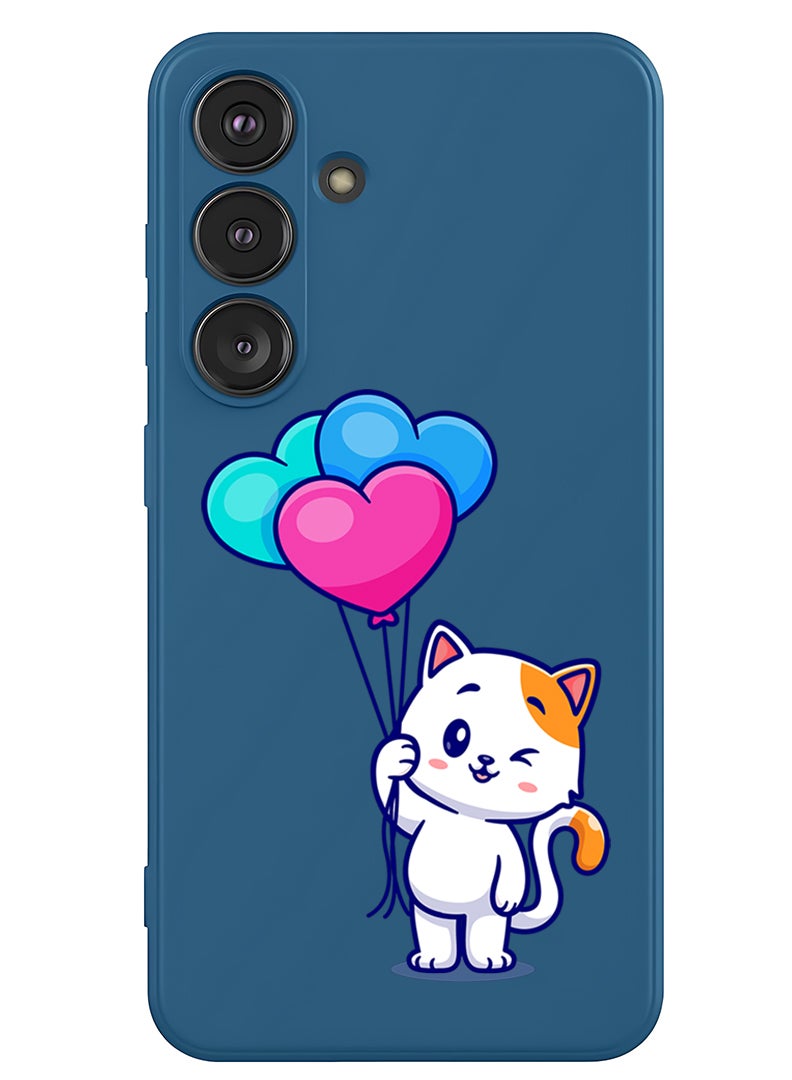 Theodor Protective Slim Fit Case Liquid Silicone Cover with Full Body Protection Anti-Scratch Shockproof Case For Samsung Galaxy S25 Plus (Blue) - Cat holding Baloons - Image 1