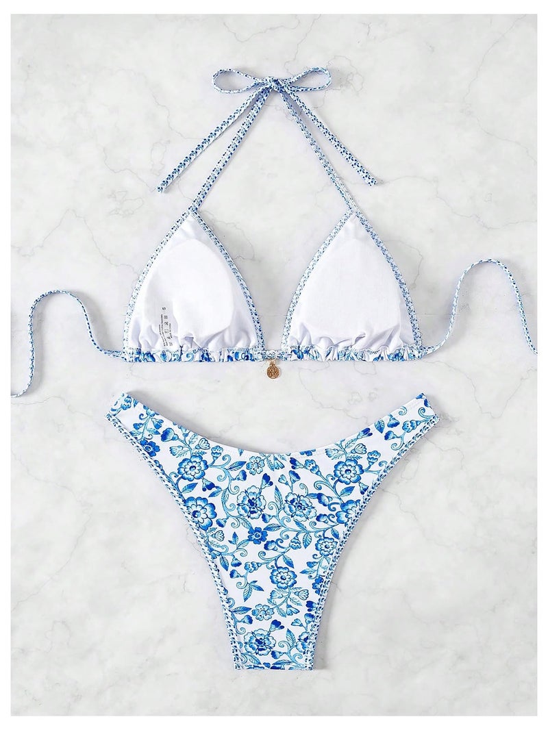 MakeMeChic Women's Polka Dots Triangle Thong Bikini Sets Floral Cute Bathing Suit Swimsuits Floral Print Multi Small - Image 3