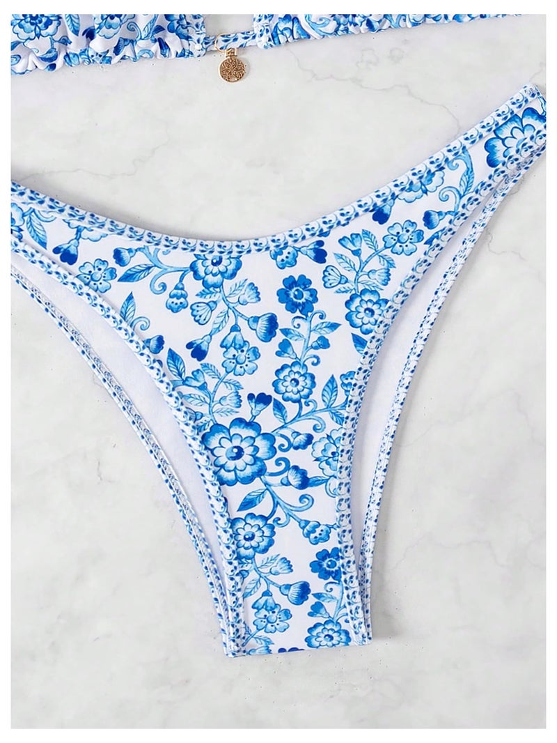 MakeMeChic Women's Polka Dots Triangle Thong Bikini Sets Floral Cute Bathing Suit Swimsuits Floral Print Multi Small - Image 5