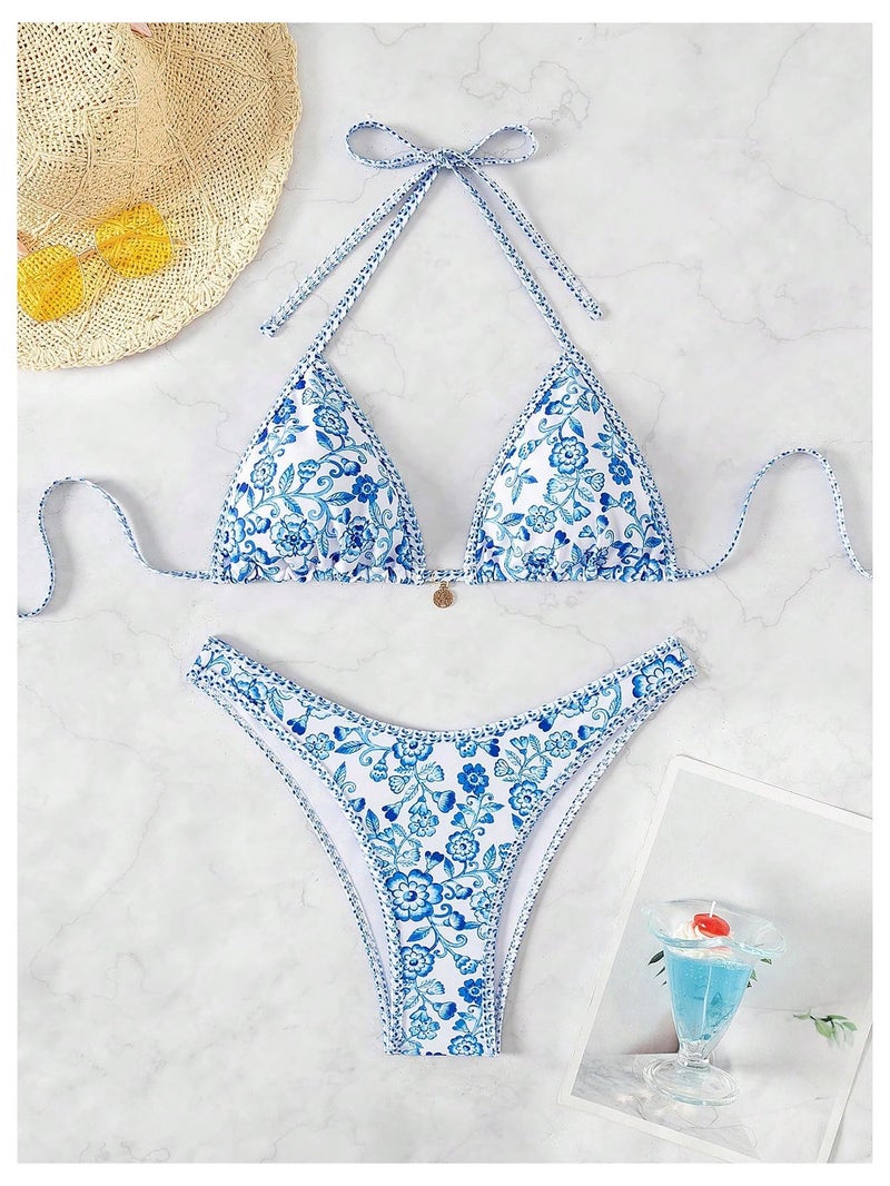 MakeMeChic Women's Polka Dots Triangle Thong Bikini Sets Floral Cute Bathing Suit Swimsuits Floral Print Multi Small - Image 2
