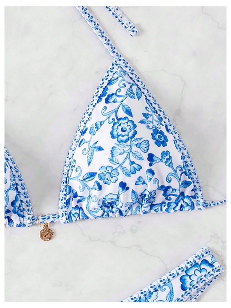 MakeMeChic Women's Polka Dots Triangle Thong Bikini Sets Floral Cute Bathing Suit Swimsuits Floral Print Multi Small - Image 4