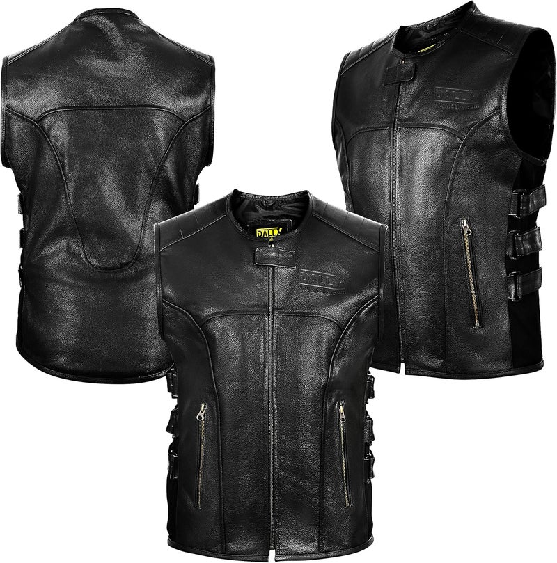 DALLX Motorcycle Armor Style Leather Vest for Men with Triple Straps Side Adjustable - Image 2