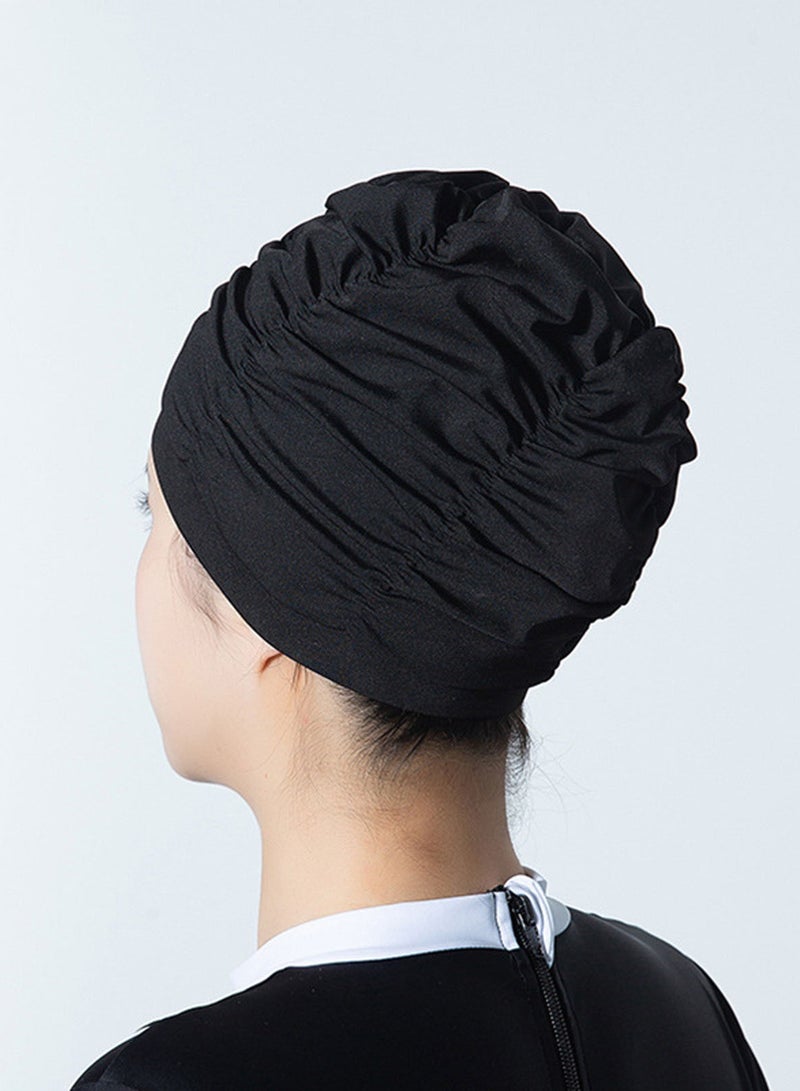 Nylon Swimming Cap Pool Beach Hat Pleated Swim Cap for Long Hair Women, Black - Image 3