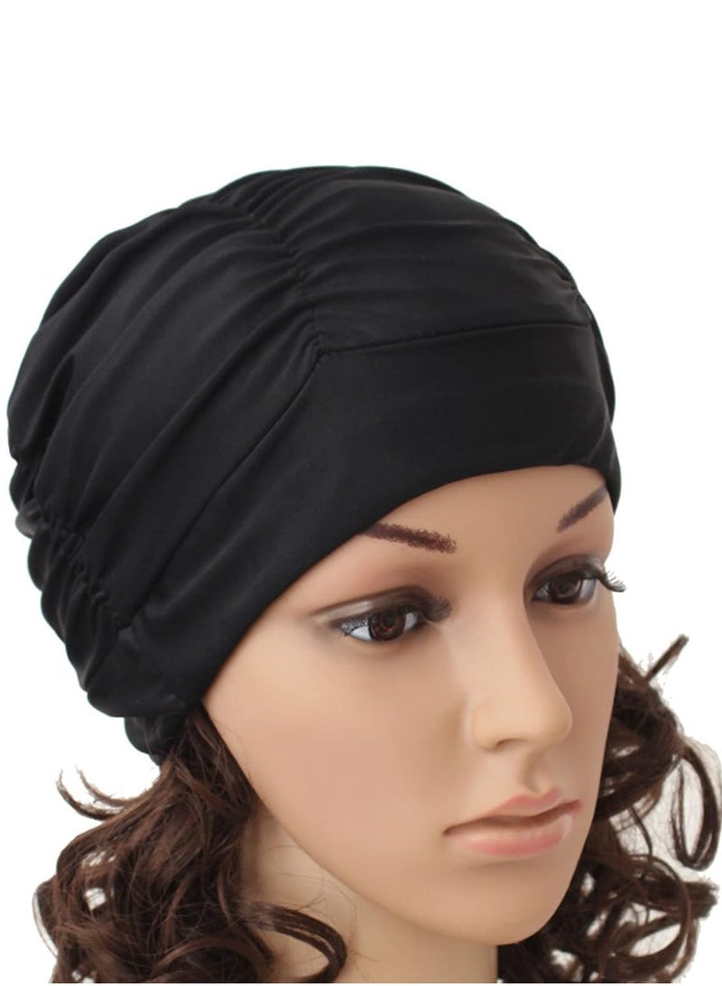 Nylon Swimming Cap Pool Beach Hat Pleated Swim Cap for Long Hair Women, Black - Image 5