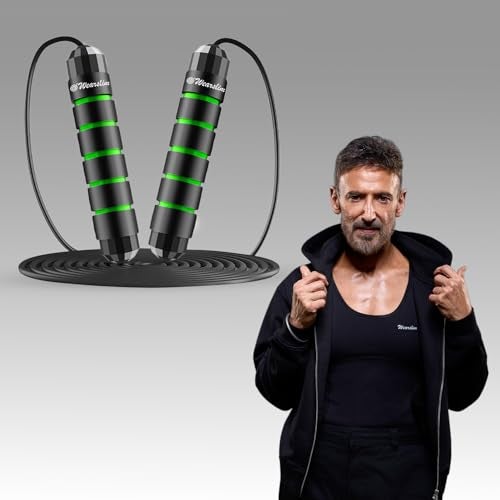 Wearslim Professional Skipping Rope for Men & Women with Ball Bearings Rapid Speed weighted Jump Rope Cable & 6” Memory Foam Handles Tangle-Free Jumping Rope for Kids - Black & Green - Image 1