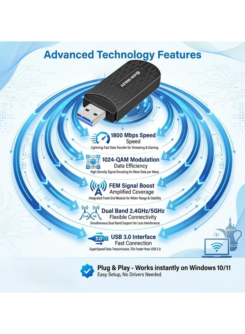  أورا سيليكت محول واي فاي USB - 1800 ميغابت في الثانية ثنائي النطاق 2.4 جيجا هرتز/5 جيجا هرتز مستقبل خارجي للشبكة اللاسلكية، USB 3.0، FEM، 1024-QAM، يدعم ويندوز 10/11 - Image 5