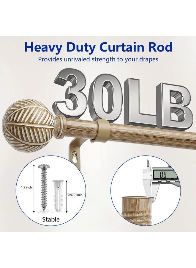 UNCONSIL Wood Curtain Rods for Windows: 1 Inch Adjustable Heavy Duty Curtain Rod 48" to 86" with Imitation Wood Grain Leaf Pattern Finials,Boho Rustic Decorative Drapery Rods - Image 2