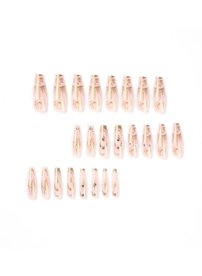DOUBNINE Coffin Medium Press on Nails Pink Nude Sun Evil Eye Totems Gold Glitter Glossy Designs Artificial Glue on Nails Reusable Acrylic False Nail Full Cover for Women - Image 5