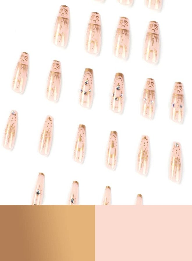DOUBNINE Coffin Medium Press on Nails Pink Nude Sun Evil Eye Totems Gold Glitter Glossy Designs Artificial Glue on Nails Reusable Acrylic False Nail Full Cover for Women - Image 2