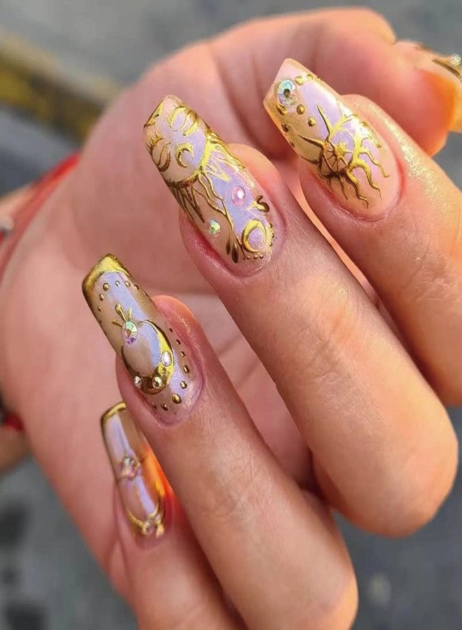 DOUBNINE Coffin Medium Press on Nails Pink Nude Sun Evil Eye Totems Gold Glitter Glossy Designs Artificial Glue on Nails Reusable Acrylic False Nail Full Cover for Women - Image 1
