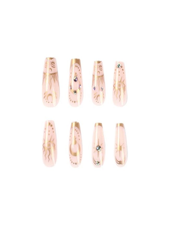 DOUBNINE Coffin Medium Press on Nails Pink Nude Sun Evil Eye Totems Gold Glitter Glossy Designs Artificial Glue on Nails Reusable Acrylic False Nail Full Cover for Women - Image 4